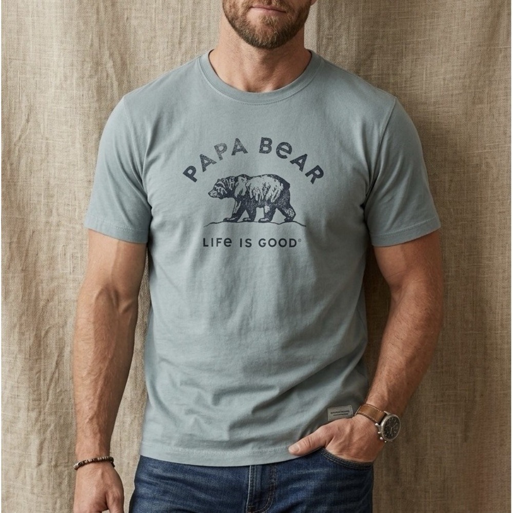 Life‎ is Good T-Shirt Mens Sz L Blue Short Sleeve Crewneck Tee Papa Bear Graphic